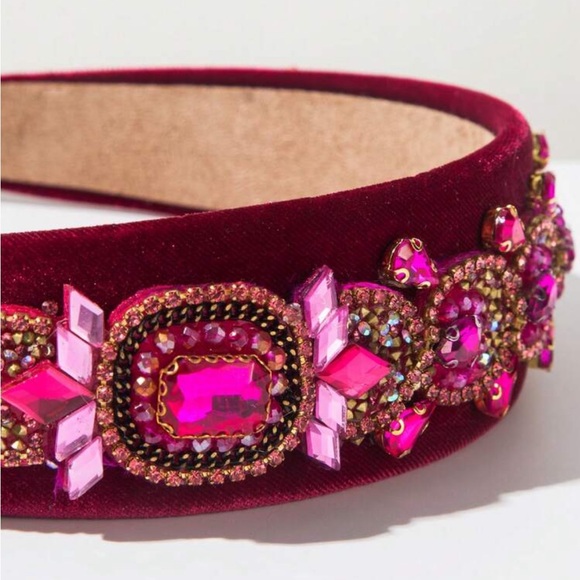 Hot Pink Velvet Retro Valentine's Day Headband, Baroque Gemstone Decor - Picture 4 of 9